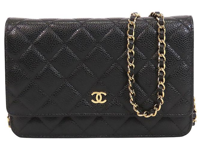 Chanel Black CC Quilted Caviar Wallet on Chain Nero