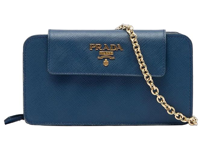 Prada Blue Saffiano Phone Wallet on Chain Navy blue