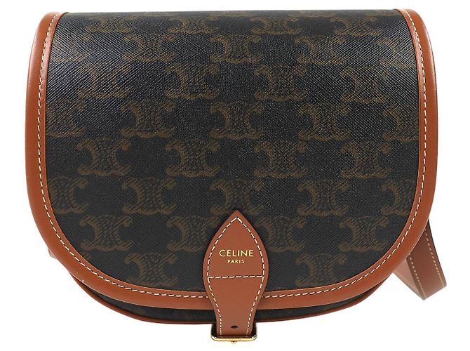 Céline Celine Brown Medium Triomphe Coated Canvas Folco Crossbody Marrone Marrone scuro