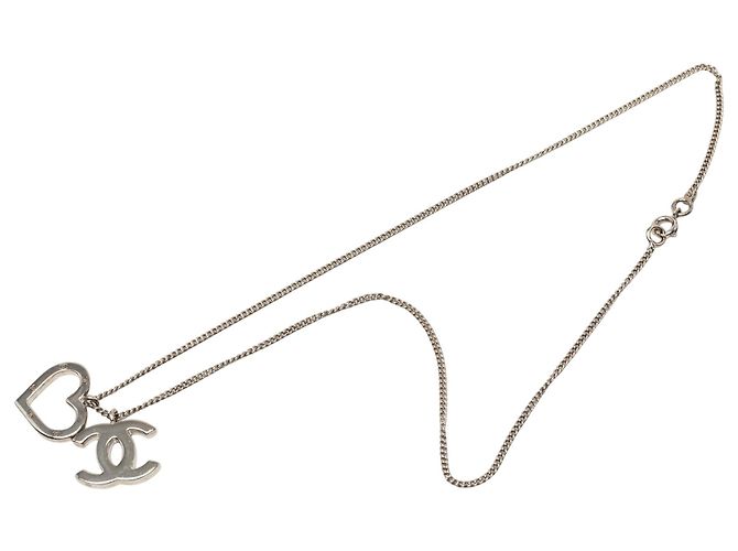 Chanel Silver CC Brass Heart Pendant Necklace Silvery