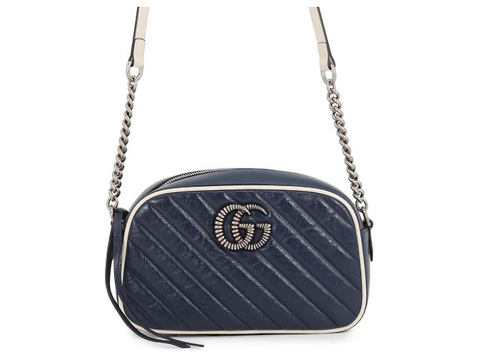 Bolsa de mão em couro Small acolchoada Gucci GG Marmont Branco Azul marinho
