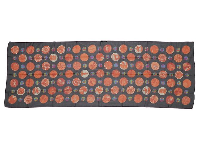 Hermès Long Stole Silk Muslin Borduc Medallion Nero Multicolore Arancione