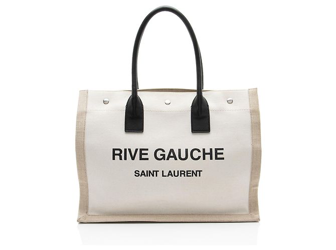 Saint Laurent Tote Pequena Rive Gauche em Lona e Pele de Bezerro Marrom Bege