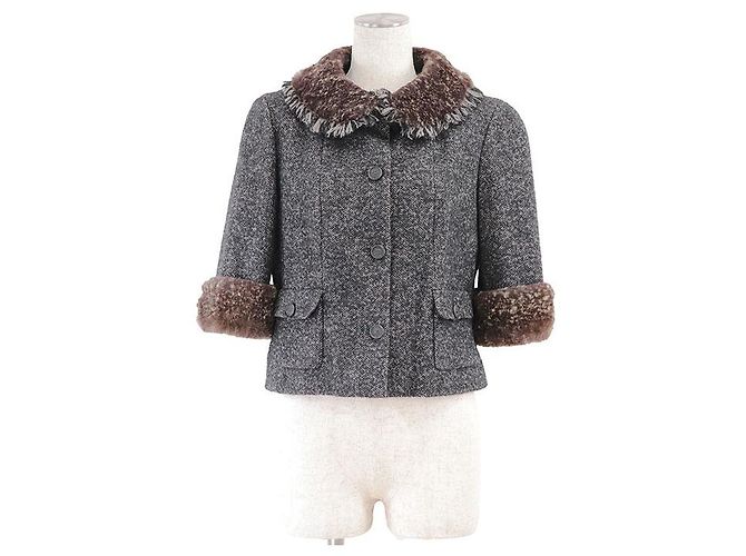 Giacca Chanel in Tweed e Pelliccia di Coniglio Marrone Grigio antracite