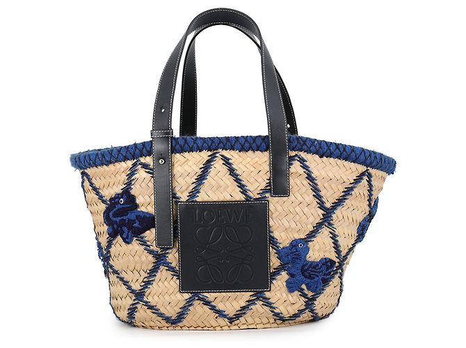 Loewe Anagram Handtasche aus Raffia Blau Beige Marineblau