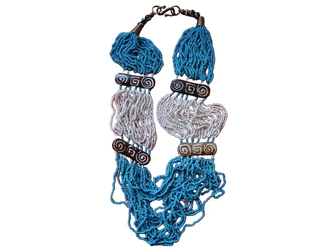 Autre Marque Collar étnico de cuentas azules y blancas con madera tallada Castaño Blanco