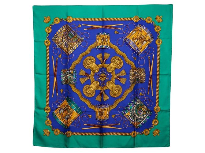Hermès Lenço Hermes Carre 90 LES TAMBOURS Azul Multicor Verde