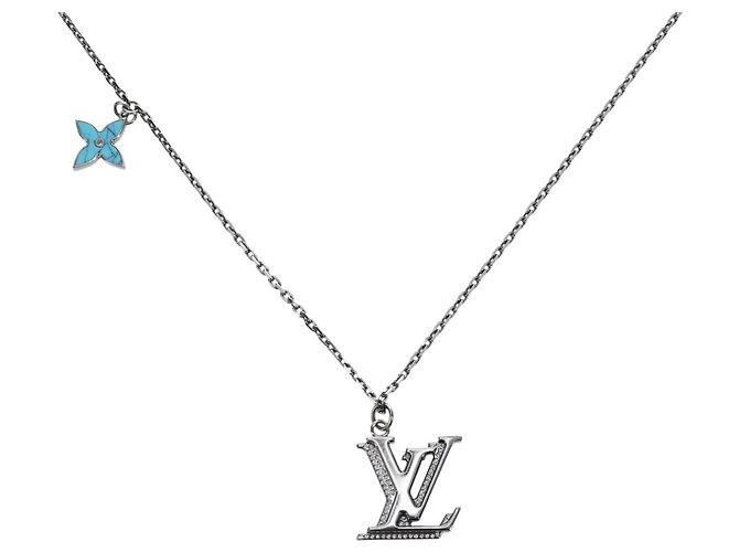 LOUIS VUITTON LV Initialen Halskette Metall Silber Blau M80208 LV Auth 199075SAM