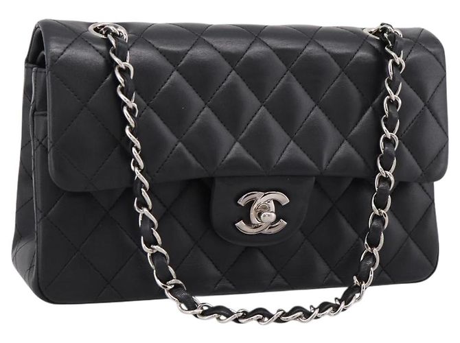 Sac CHANEL Double Flap Chain Matelasse 23 en agneau noir et argent Auth yk20812SAM Argenté