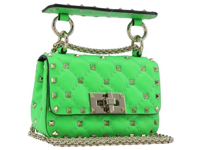 Bolsa de Ombro VALENTINO Micro Rockstud Chain em Couro 2way Verde Ouro Auth 198465V