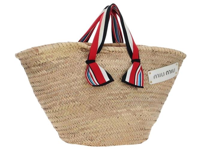 Miu Miu Strohhandtasche Raffia Beige Gold Auth 196583M Golden