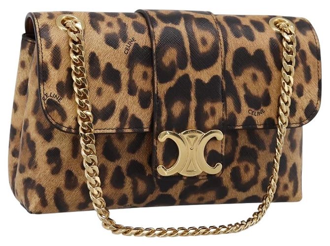Céline Borsa a tracolla con catena CELINE Triomphe Victoire in pelle marrone e oro Auth yk20866SAM D'oro