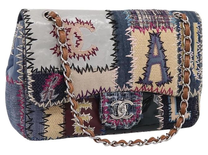 Borsa a tracolla CHANEL Patchwork Jumbo Flap 30 in tweed con catena e CC argento Auth yk20832SM Multicolore