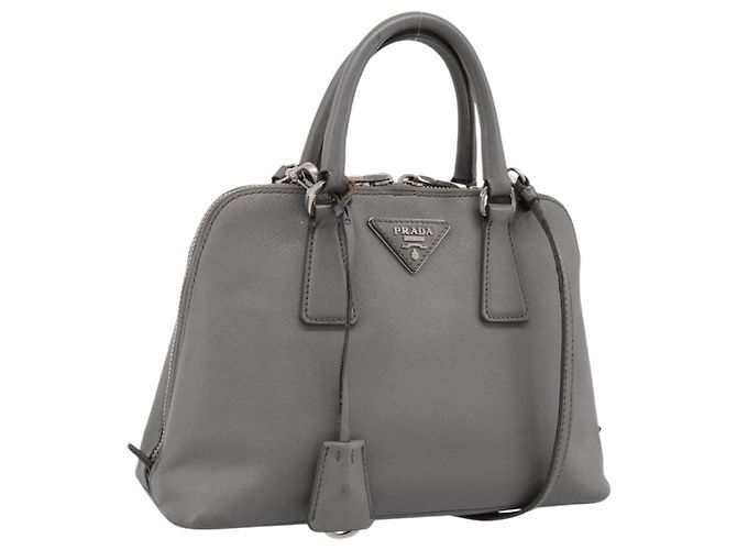 Bolsa de Mão PRADA Saffiano 2way Cinza Prata Auth 198967A Marrom