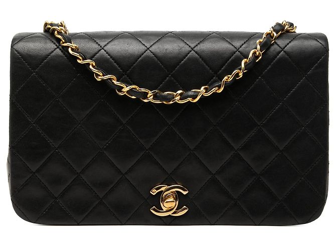 Bolsa Tiracolo Chanel CC em pele de cordeiro acolchoada preta Full Single Flap Preto