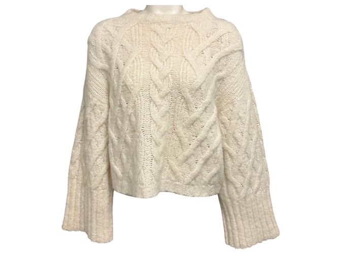 Brunello Cucinelli Ivory Kaschmir-Seidenpullover mit Zopfmuster und langen Ärmeln Beige