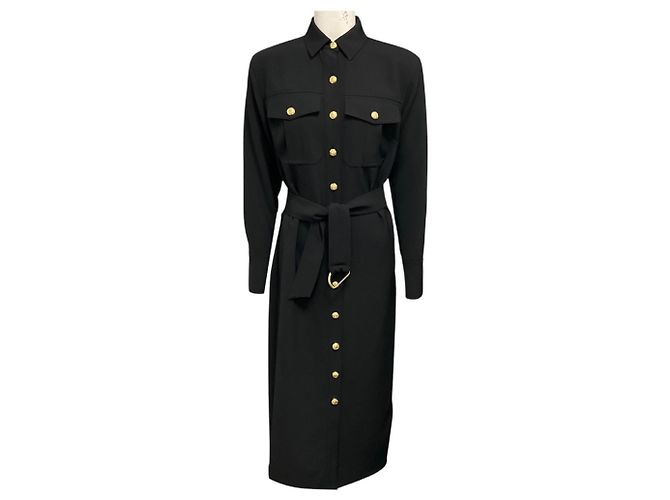 Veronica Beard Jaden Hemdkleid schwarz mit Gürtel / Midikleid mit goldenen Knöpfen