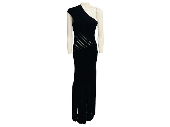 Herve Leger einschultriges Maxikleid aus schwarzem geripptem Chenille-Strick mit Fransenborte