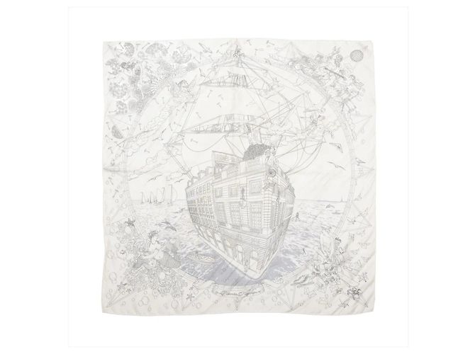 Hermès Carré 90 "HERMES FRAGSHIP" Pañuelo de seda Blanco