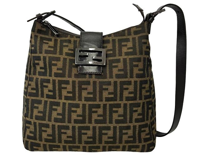 Fendi Vintage Zucca FF Pattern Canvas Leather Shoulder Bag Brown Black