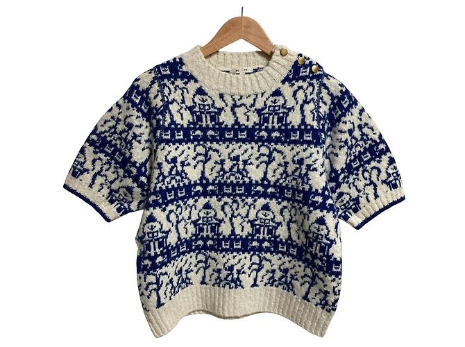Autre Marque BLAMINK Jacquard-Pullover mit Rundhalsausschnitt und kurzen Ärmeln Blau