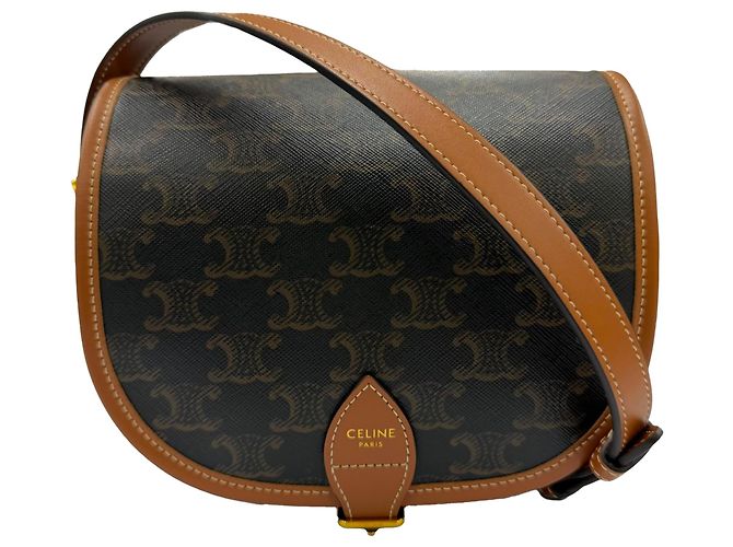 Céline Celine Brown Medium Triomphe Coated Canvas Folco Crossbody Marron Marron foncé