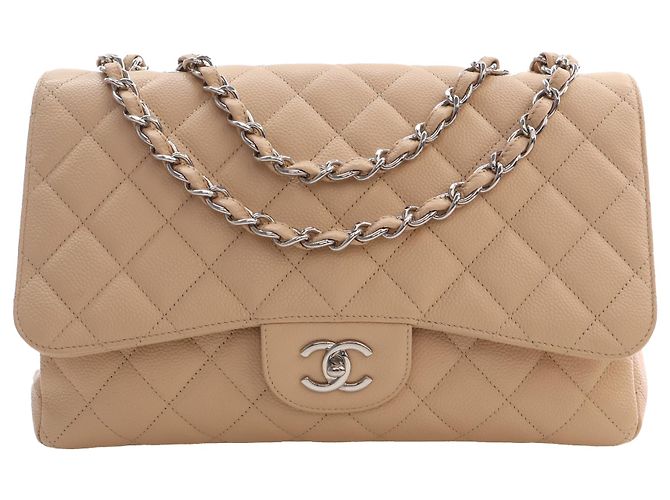 Chanel Beige Jumbo Classic Caviar Single Flap