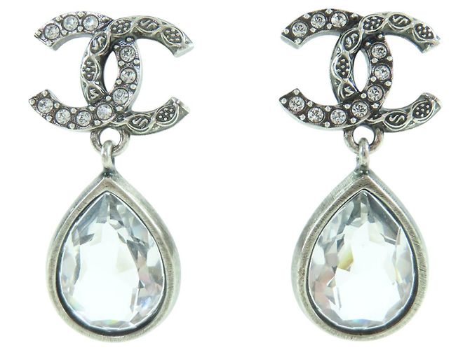 Orecchini Chanel Silver CC Brass Strass Teardrop Drop Push Back Argento