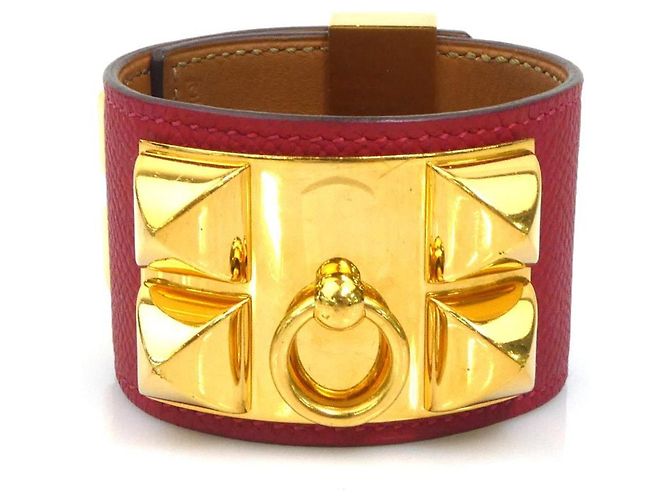 Hermès Pulseira Charm Hermes em Ouro e Couro Vermelho Dourado