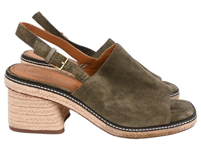 Sandales à talons compensés espadrilles slingback Tory Burch en daim olive Vert Vert olive