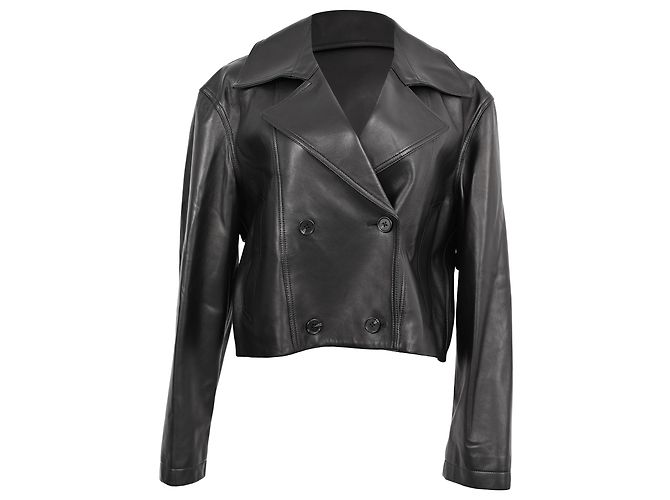Theory Double-Breasted Cropped Jacket in Black Lamb Leather
