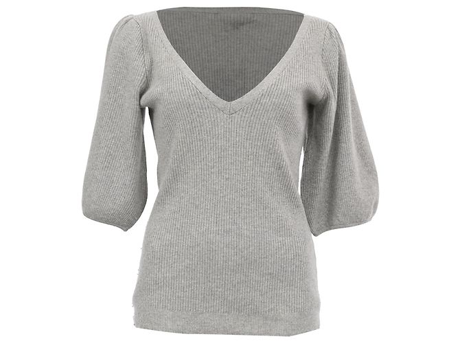Ralph Lauren V-Ausschnitt Rippstrick-Pullover aus grauem Kaschmir