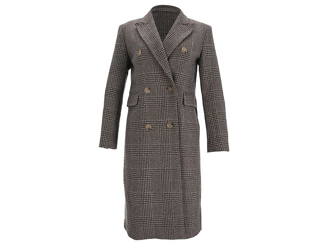 Sandro Houndstooth Print Long Coat Brown Wool