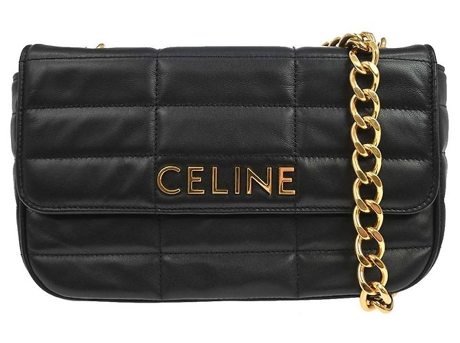 Céline Celine Logo Chain Flap Quilted Goatskin Small Noir