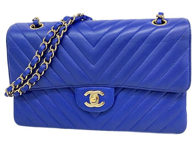 Borsa a tracolla Chanel Double Flap in pelle di agnello blu