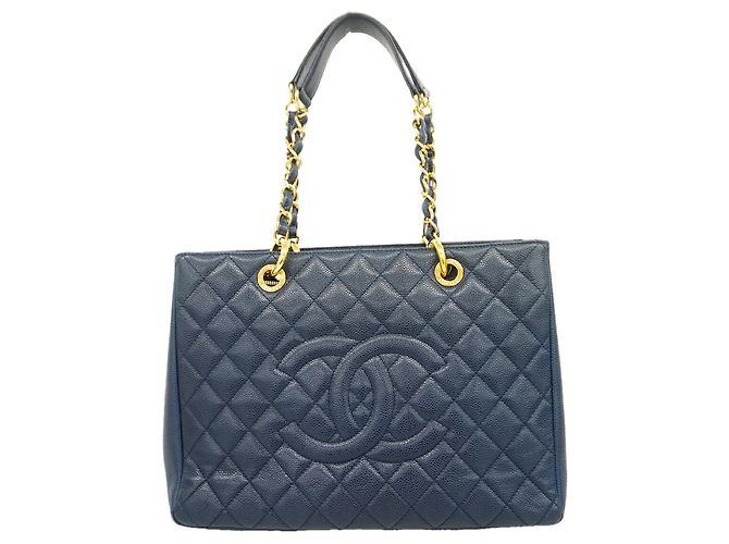Borsa Tote Chanel in vitello grana blu navy