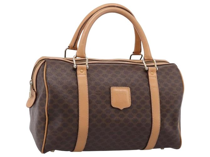 Céline Bolsa Boston CELINE Macadam Canvas PVC Leather Brown Gold Auth 197624A Marrom Dourado