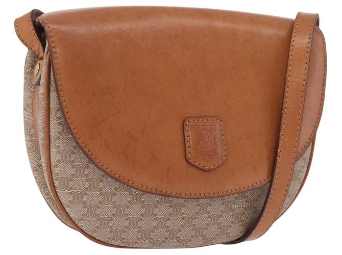 16 Céline Bolsa de Ombro CELINE Macadam Canvas PVC Beige Gold Auth 197832A Bege Dourado