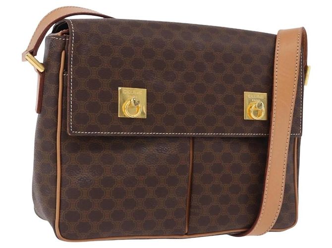 Céline Borsa a tracolla CELINE Macadam Canvas PVC Leather Brown Gold Auth 197808V Marrone D'oro