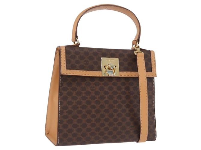 Céline CELINE Macadam Canvas Circle Hand Bag PVC Leather Brown Gold Auth am12348V Golden