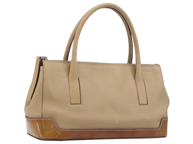 PRADA Hand Bag Leather Beige Silver Auth 197618 Silvery