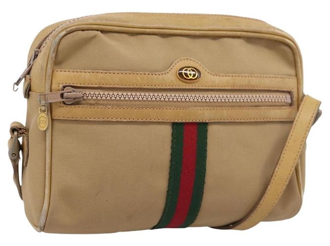 Borsa a tracolla GUCCI Web Sherry Line Canvas Beige Gold Auth 200924 D'oro