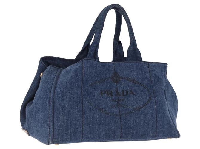 Sac à main PRADA Canapa GM Denim Blue Gold Auth 197708 Bleu Doré