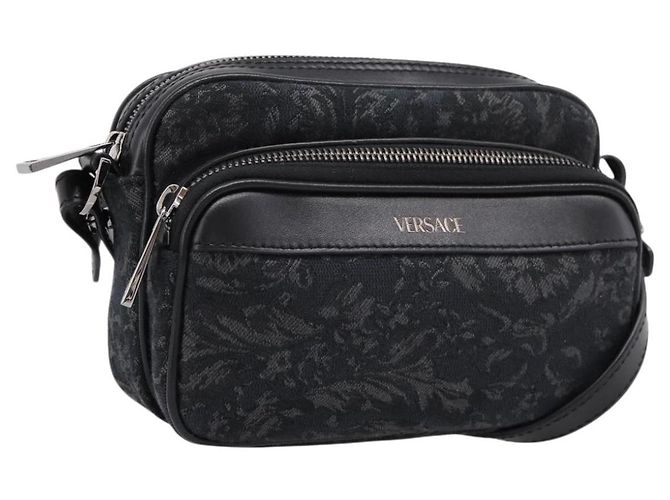 VERSACE Jacquard Shoulder Bag Canvas Black Silver Auth BA15281V Silvery