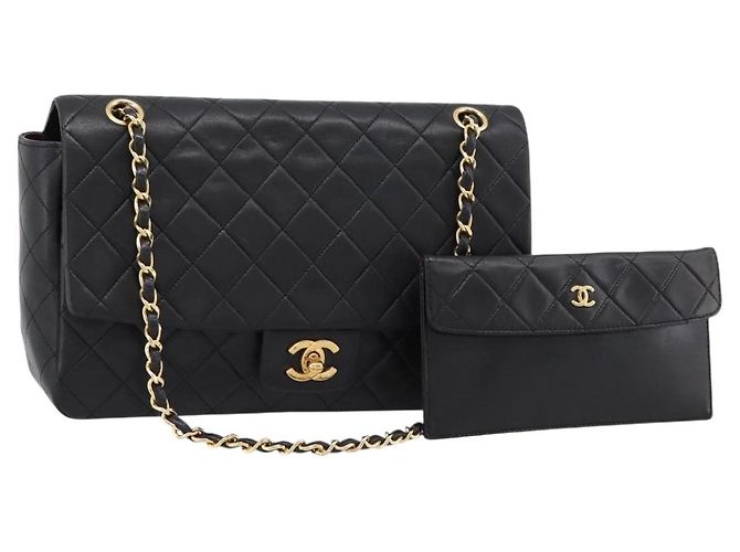 Sac CHANEL Double Flap Chain Matelasse en Agneau Noir et Or CC Auth yk20805SAM Doré