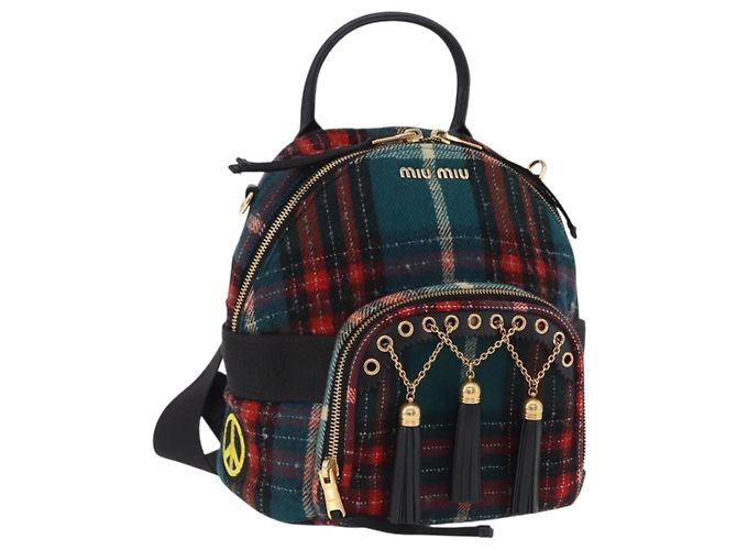 Miu Miu Rucksack Wolle Leder Rot Grün Gold Auth 196641M Golden