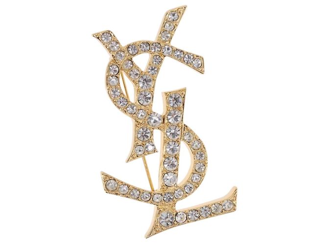 SAINT LAURENT Strass-Brosche Metall Goldfarben Auth 197917M
