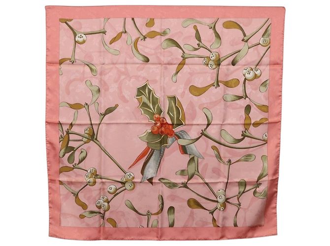 Hermès Lenço HERMES Carre90 Seda Rosa Verde Auth 192370M