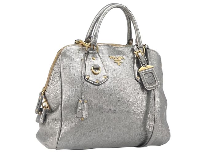 PRADA Hand Bag Vittero Dino Leather 2way Silver Gold Auth 197342V Silvery Golden