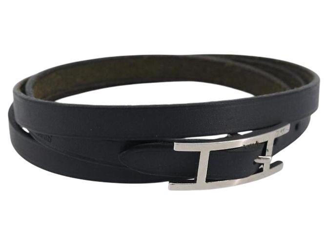 Hermès HERMES Api Choker Bracelet Leather Black Silver Auth 198841A Preto Prata